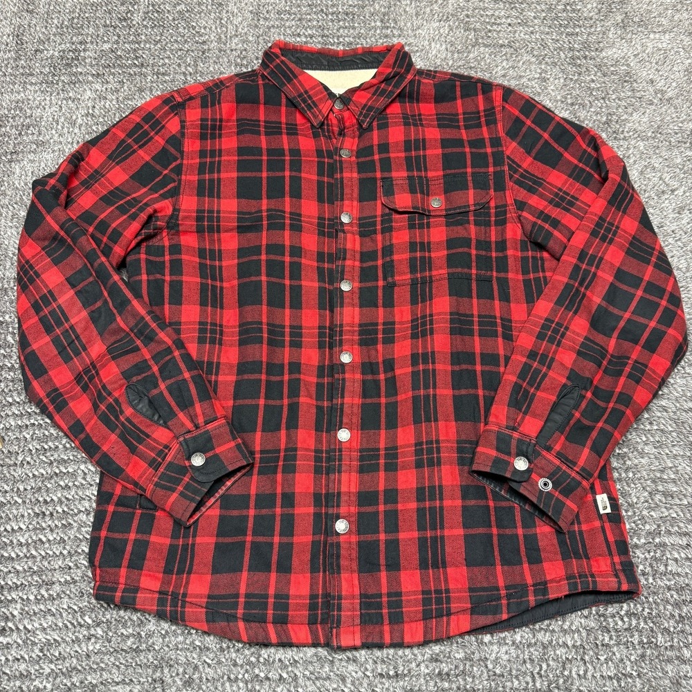 The North Face Mens M Red Black Plaid Flannel‎ Shirt Jacket Sherpa Lined Snap